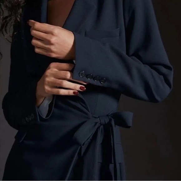 NEW! Anthropologie Tie Waist Open Back Mini Dress / Long Blazer Black | Size 14 - Picture 9 of 13